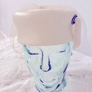 Vintage Cream Pill Box Hat Veil and Tassel Accent